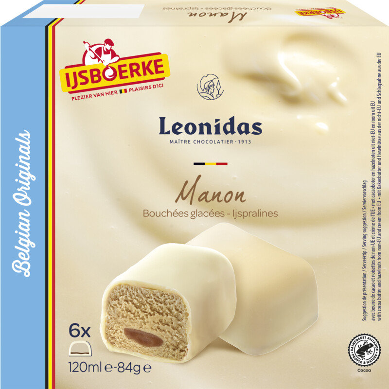 Een afbeelding van IJsboerke Leonidas manon glacé roomijspralines bel