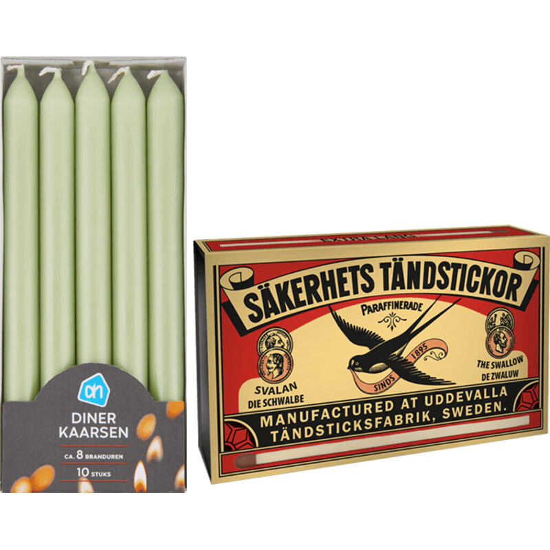 Een afbeelding van AH Dinerkaars groen en lucifers pakket	