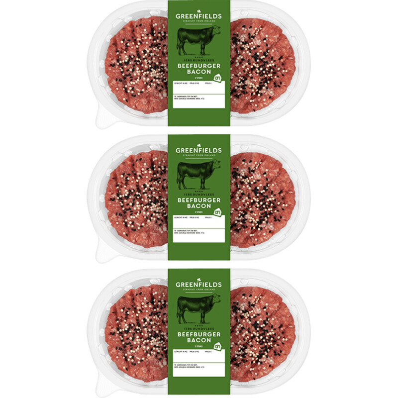 Een afbeelding van AH Greenfields Beefburger bacon 3-pack