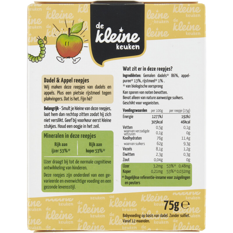 Een afbeelding van De Kleine Keuken Biologische dadel & appel reepjes 12m+