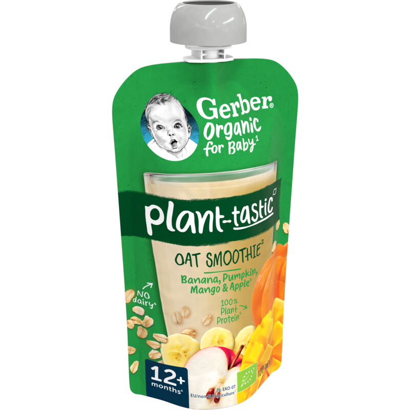 Een afbeelding van Gerber Organic Baby oat smoothie banana pumpkin 12+m