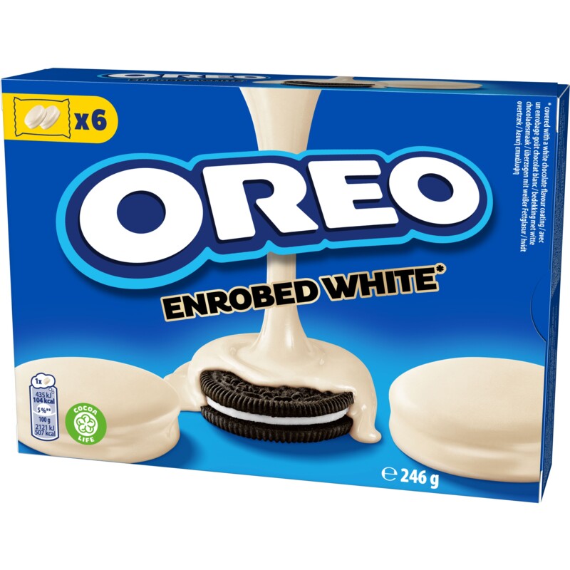 Een afbeelding van Oreo Koekjes omhuld met witte chocoladesmaak