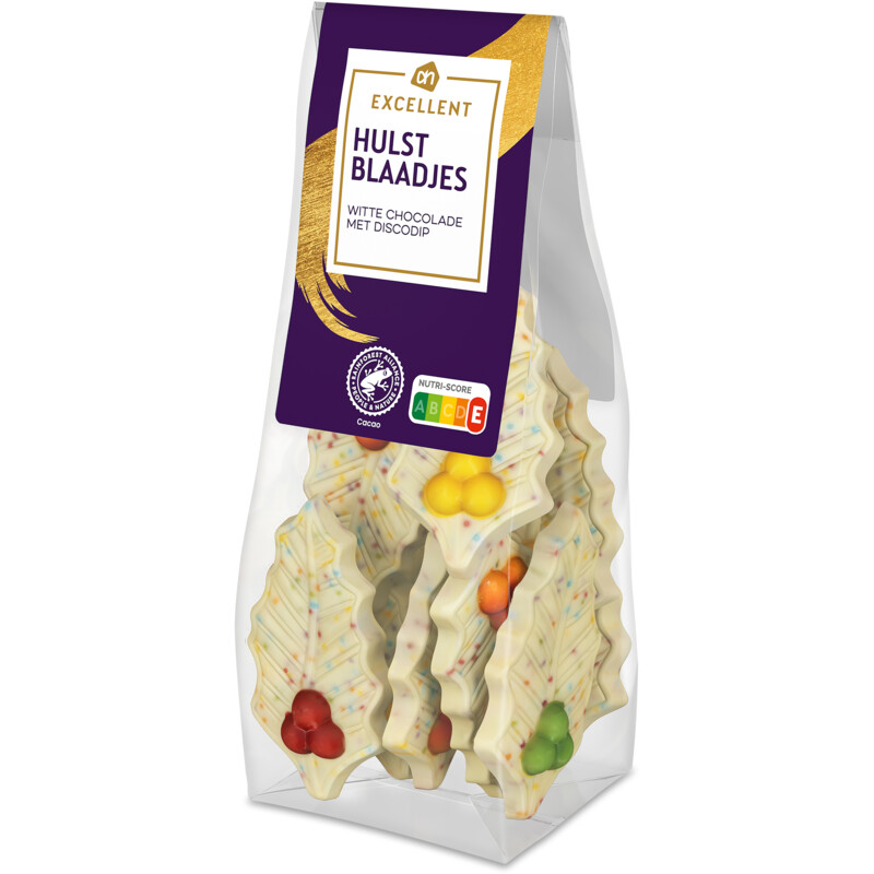 Een afbeelding van AH Excellent Hulstblaadjes witte chocolade discodip