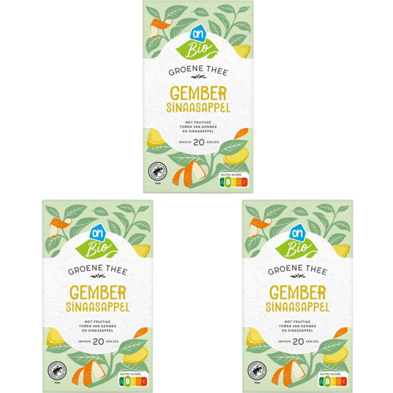 Een afbeelding van AH Biologisch Groene thee gember sinaasappel 3-pack