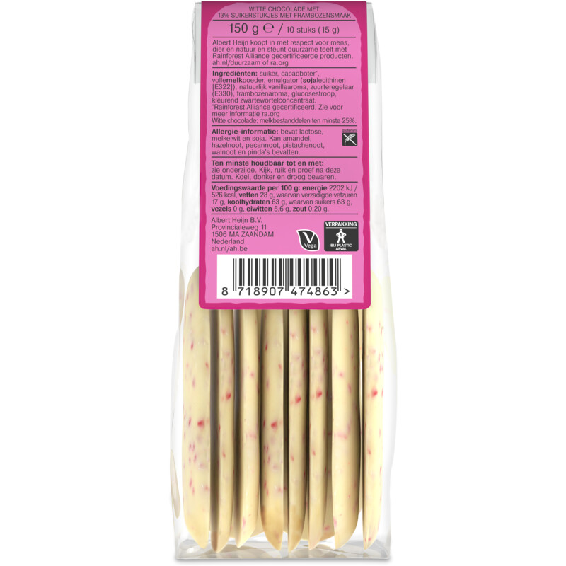 Een afbeelding van AH Chocolade blaadjes wit framboos