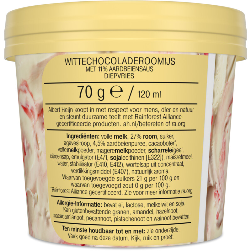 Een afbeelding van AH Witte chocolade roomijs aardbeiensaus