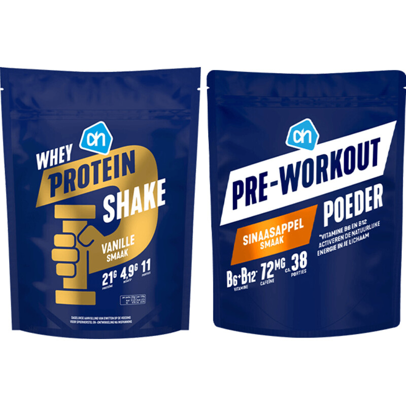 Een afbeelding van AH Whey Protein en preworkout pakket