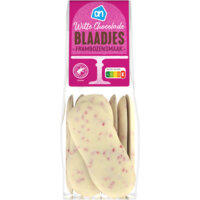 Een afbeelding van AH Chocolade blaadjes wit framboos