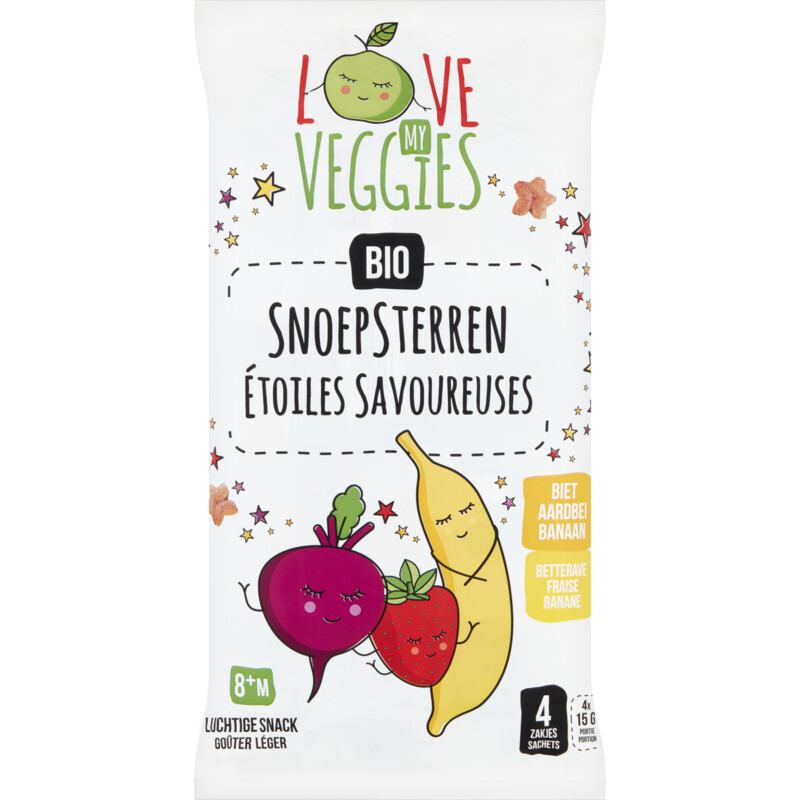 Een afbeelding van Love my veggies Snoepsterren biet aardbei banaan 8m+