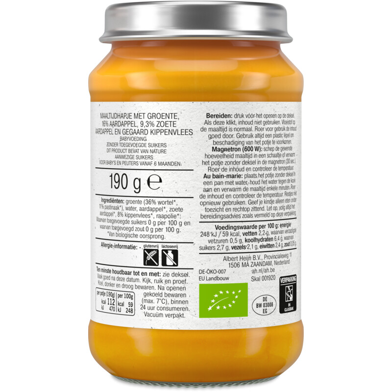 Een afbeelding van AH Biologisch Maaltijdhapje groente aardappel & kip 6+