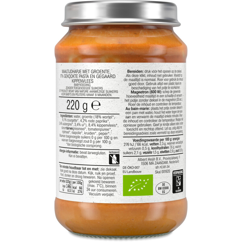 Een afbeelding van AH Biologisch Groenten met pasta en kip 8m+