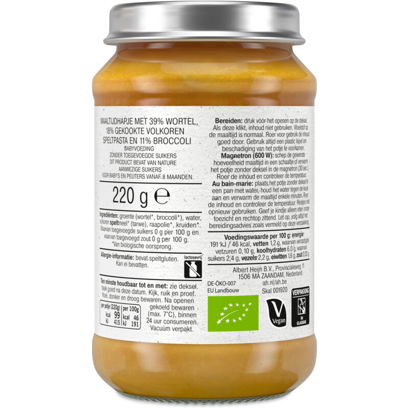 Een afbeelding van AH Biologisch Maaltijdhapje wortels broccoli pasta 8+