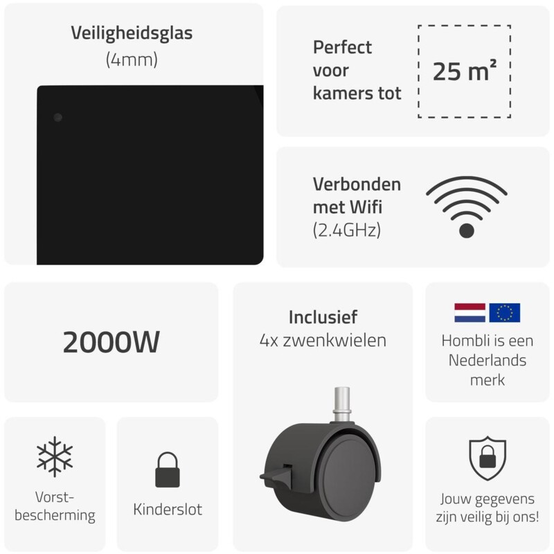 Een afbeelding van Hombli Glass panel heater - 2000W - zwart