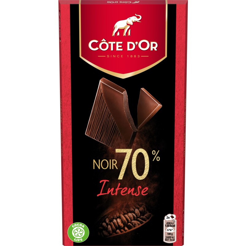 Een afbeelding van Côte d'Or 70% Pure chocolade reep intense