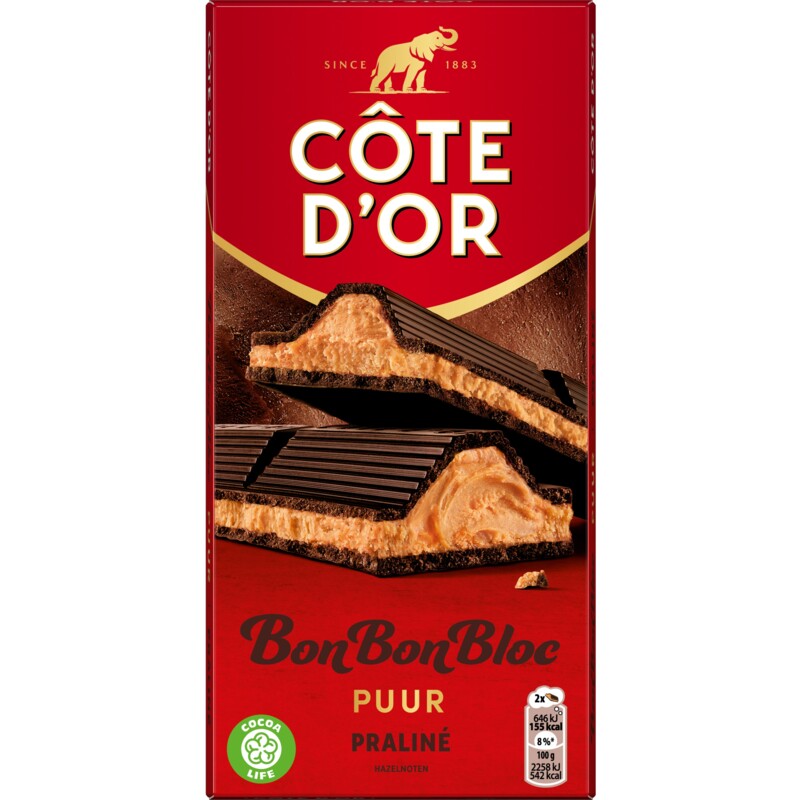 Een afbeelding van Côte d'Or BonBonBloc chocoladereep praliné puur