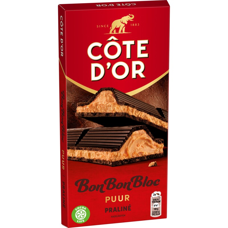 Een afbeelding van Côte d'Or BonBonBloc chocoladereep praliné puur
