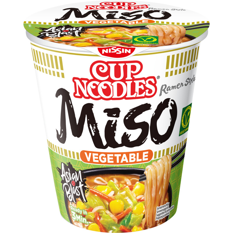 Een afbeelding van Nissin Cup noodles veggie miso Japanse style