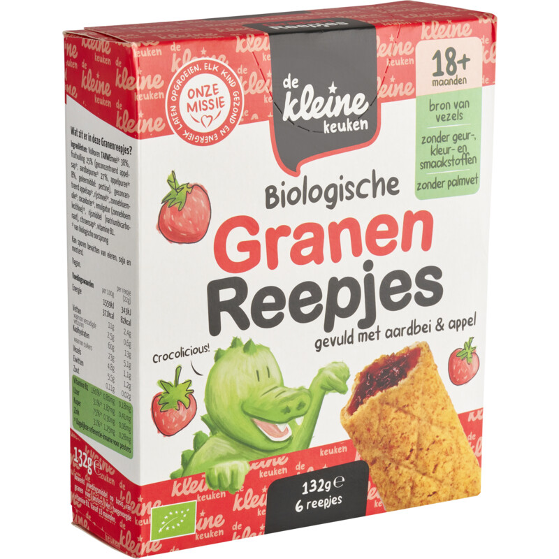 Een afbeelding van De Kleine Keuken Biologische granenreepjes aardbei 18m+