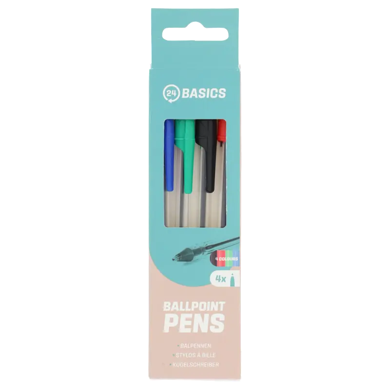 24Basics Balpen met dop kleuren 4-pack