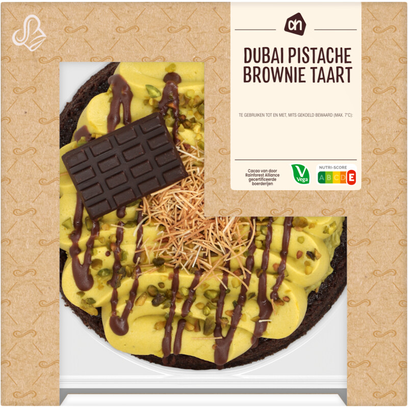 Een afbeelding van AH Dubai pistache brownie taart