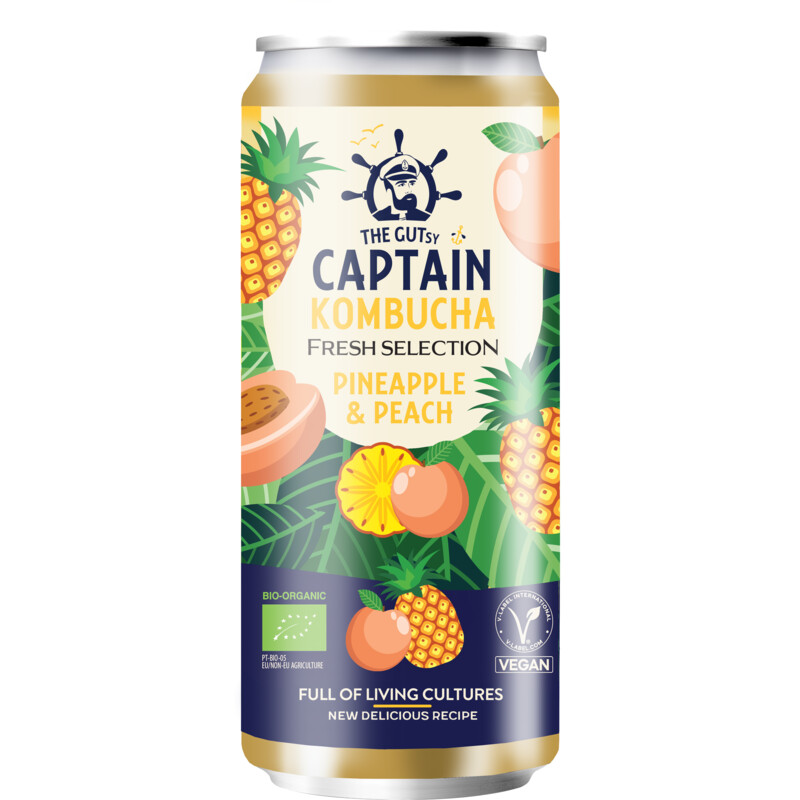 Een afbeelding van The Gutsy Captain Kombucha pineapple & peach