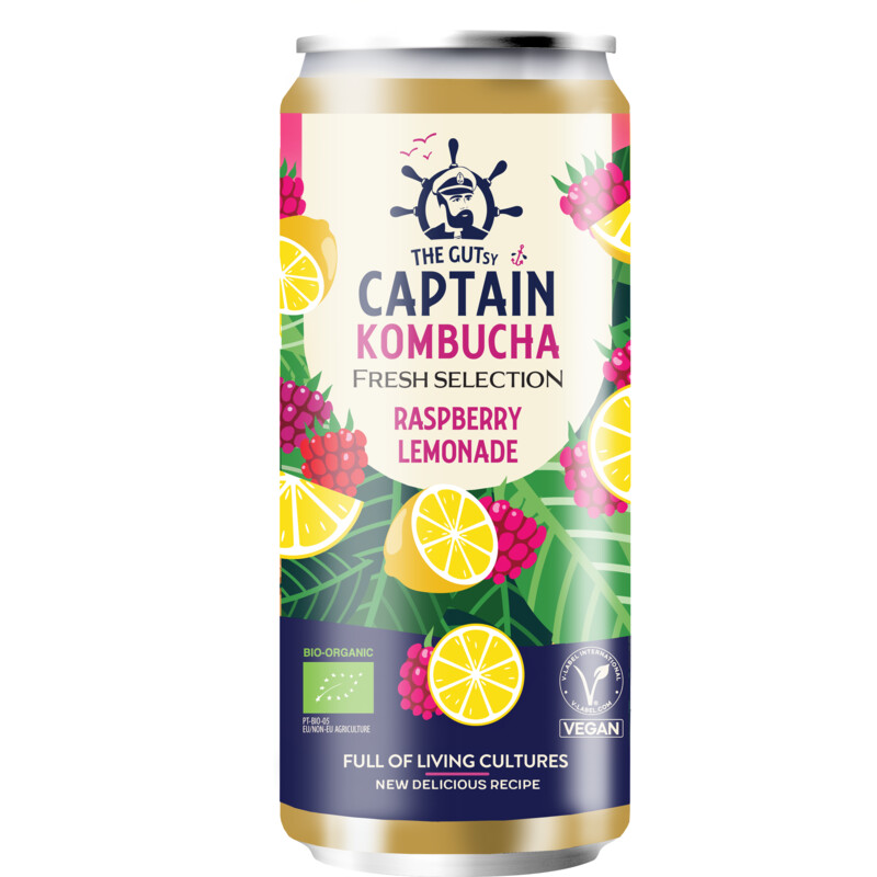 Een afbeelding van The Gutsy Captain Kombucha raspberry lemonade