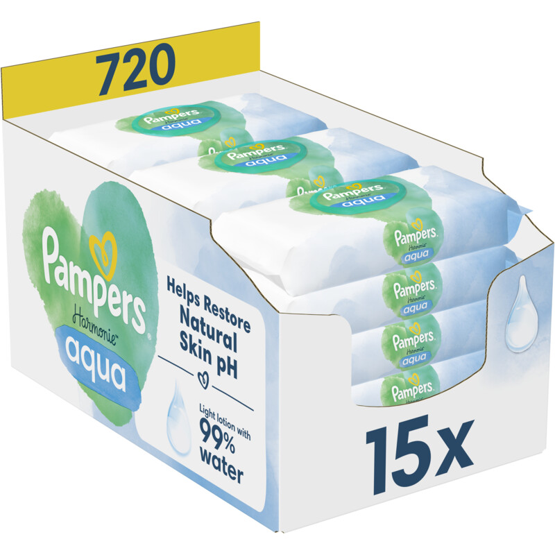 Een afbeelding van Pampers Harmonie aqua babydoekjes 15-pack