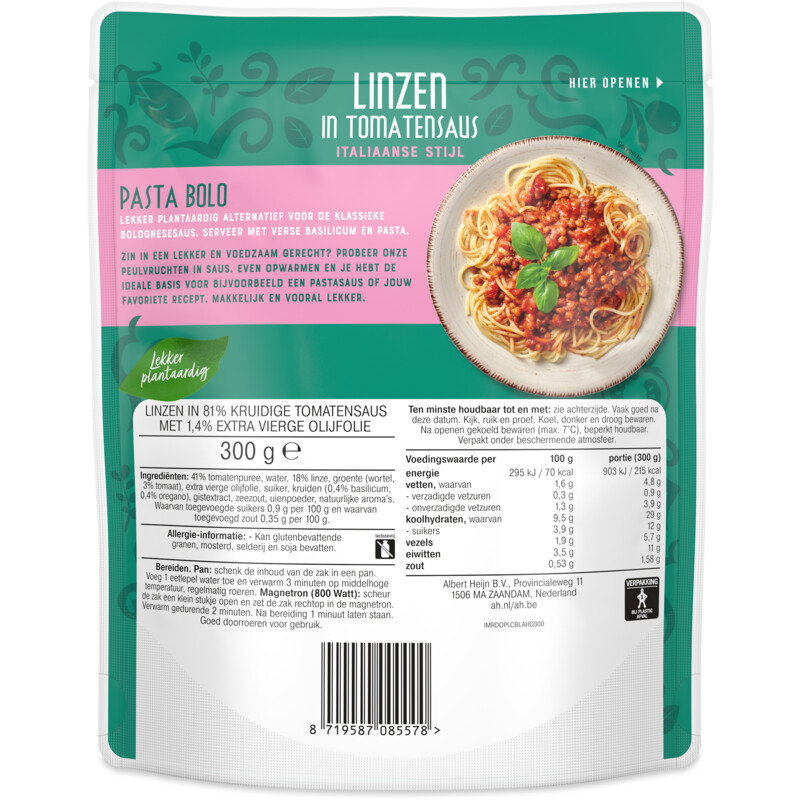 Een afbeelding van AH Terra Linzen in tomatensaus