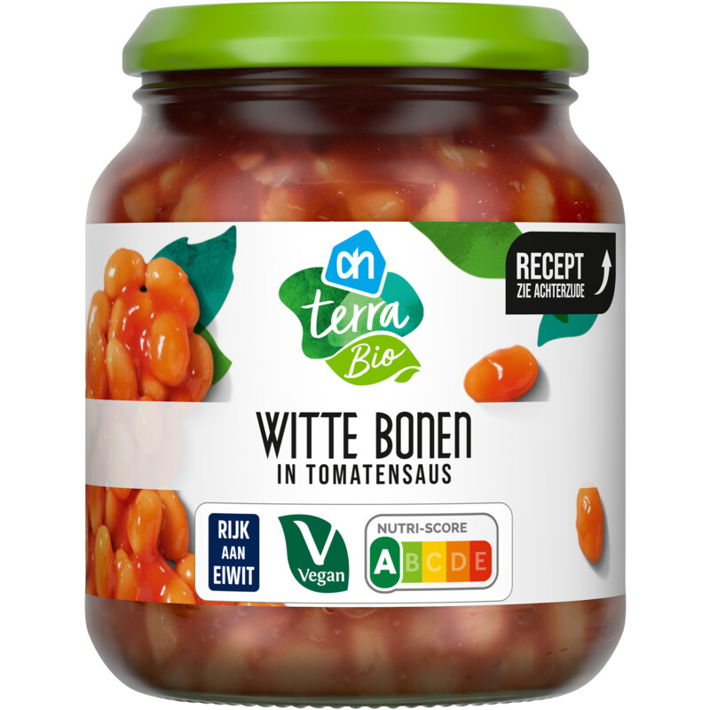 Een afbeelding van AH Terra Biologisch witte bonen in tomatensaus