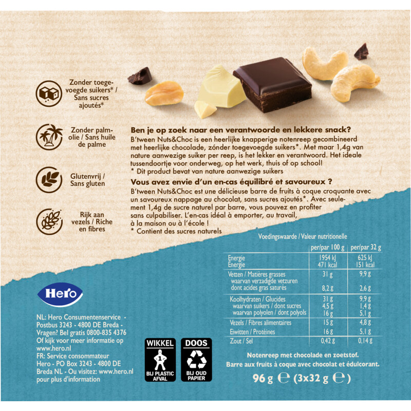 Een afbeelding van Hero B'tween nuts&choc cashew met chocolade