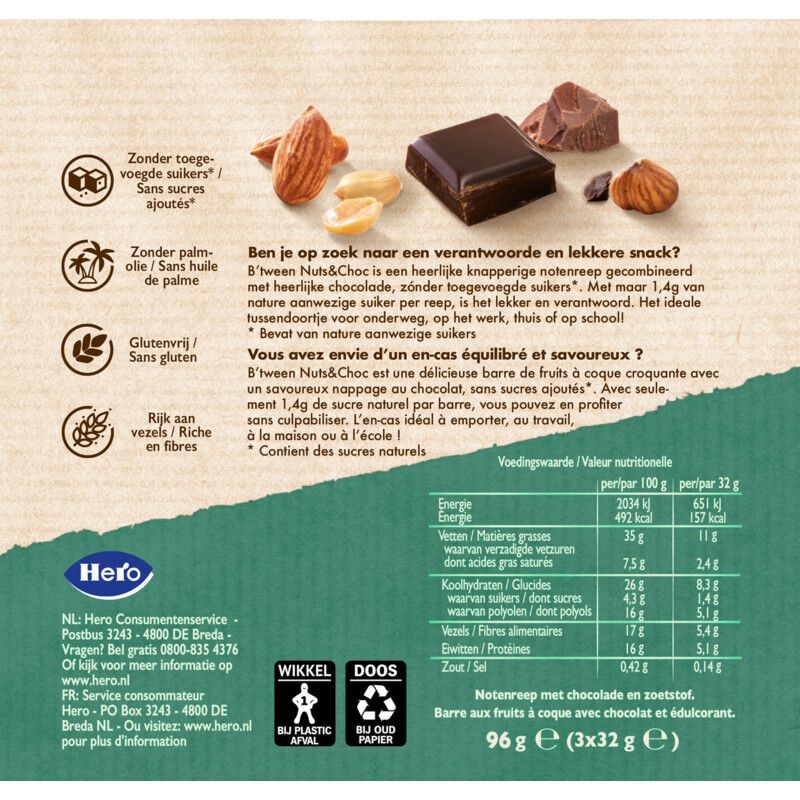 Een afbeelding van Hero B'tween nuts&choc notenmix met chocolade