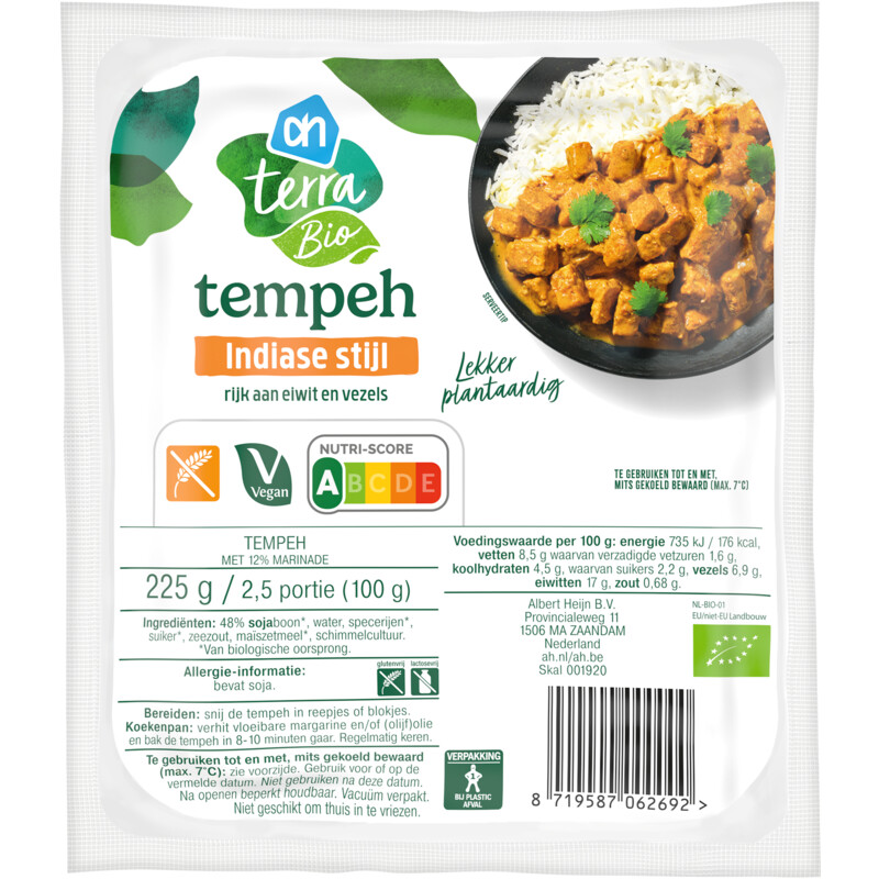 Een afbeelding van AH Terra Biologisch tempeh indiase kruiden