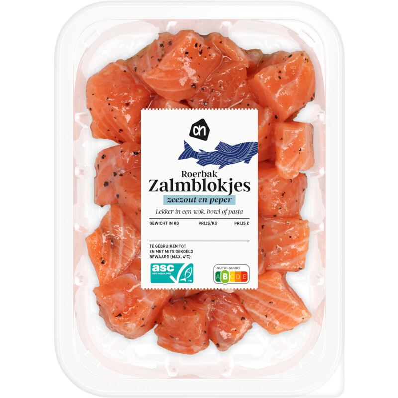 Een afbeelding van AH Roerbak zalmblokjes zeezout en peper