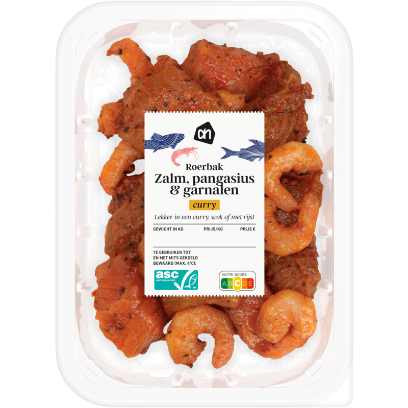 Een afbeelding van AH Roerbak zalm pangasius garnalen curry