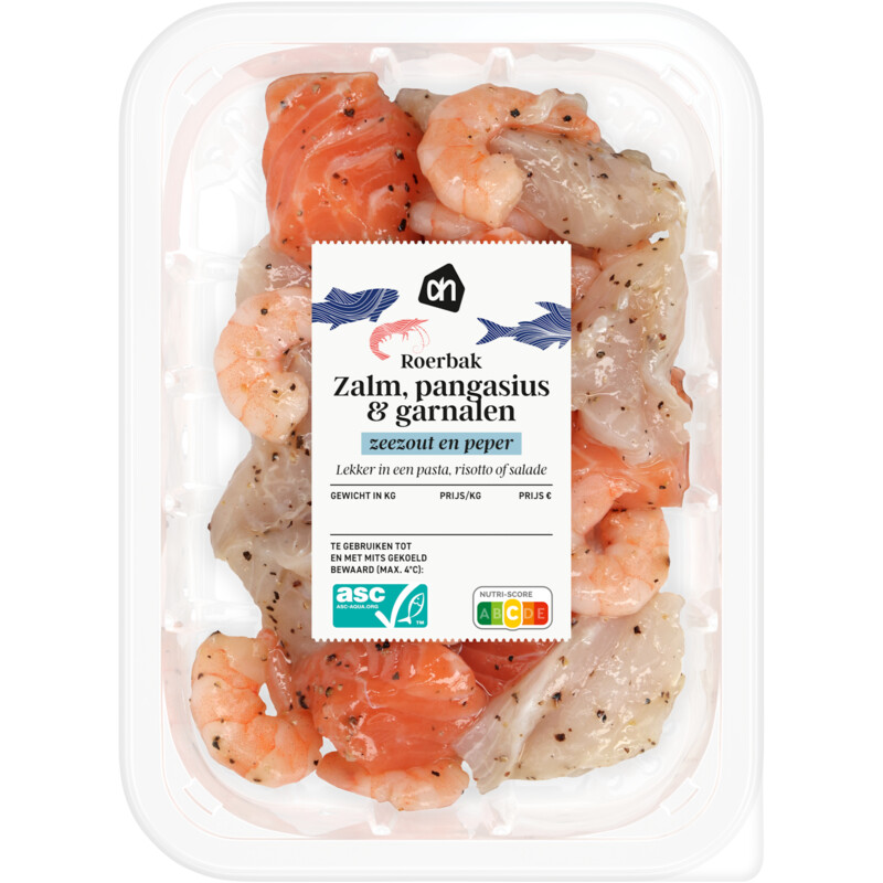 Een afbeelding van AH Roerbak zalm pangasius garnalen zeezout