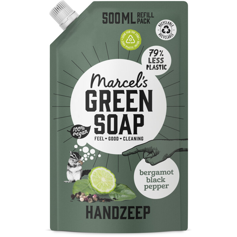 Een afbeelding van Marcel's Green Soap Handzeep bergamot black pepper refill