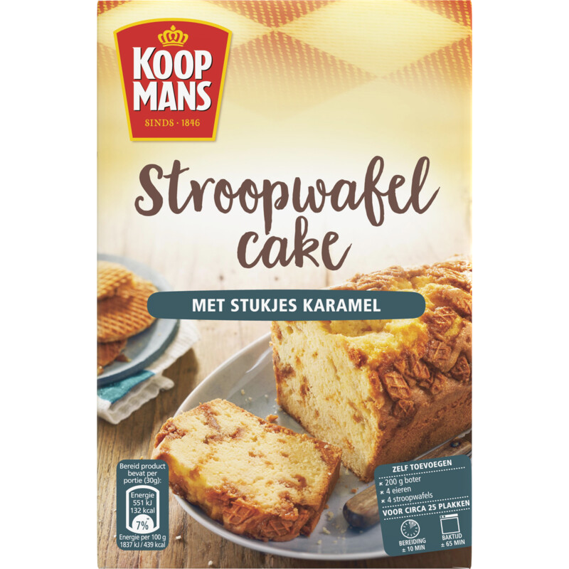 Een afbeelding van Koopmans Stroopwafel cake met stukjes karamel