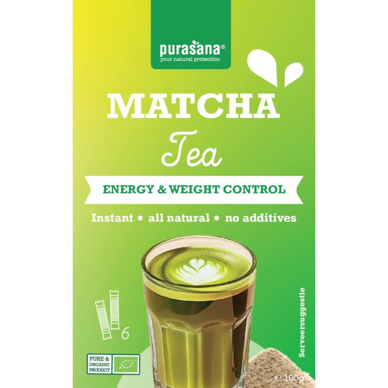 Een afbeelding van Purasana Matcha tea oploskoffie