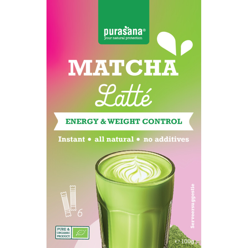Een afbeelding van Purasana Matcha latté oploskoffie