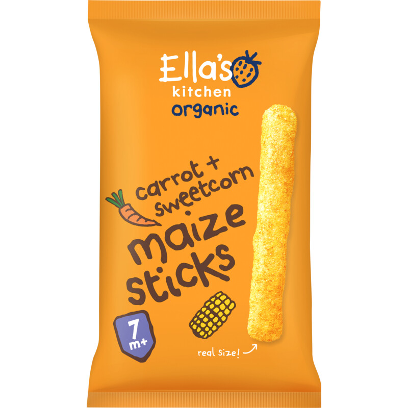 Een afbeelding van Ella's kitchen Maize sticks wortels + maïs 7m+ bio