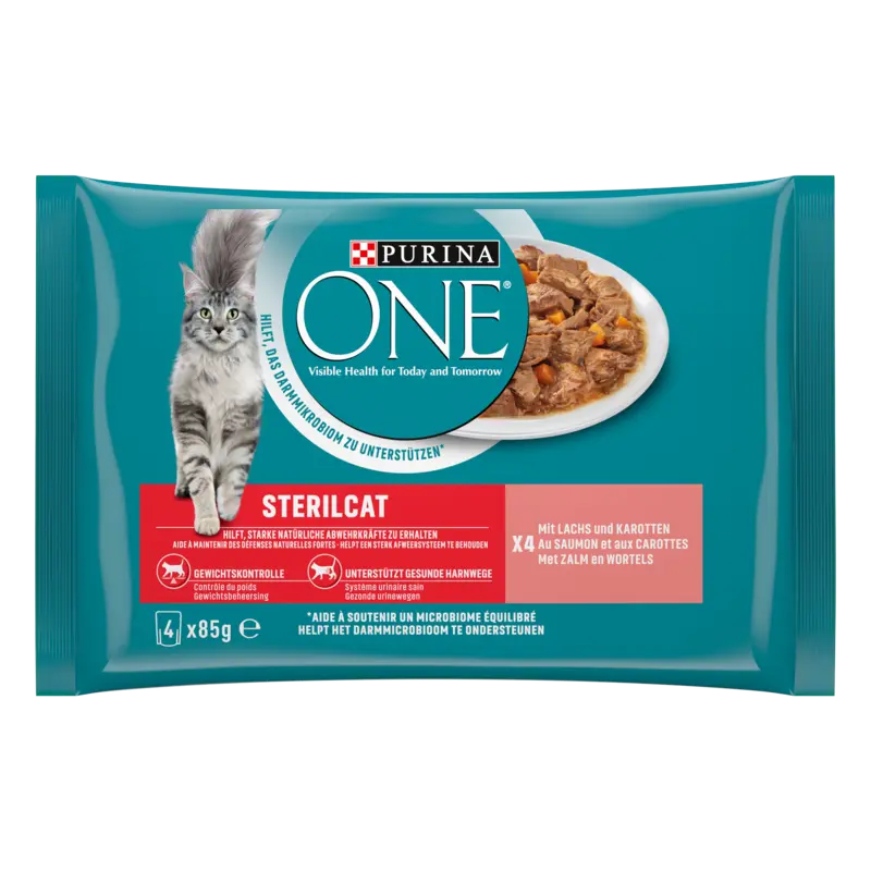 Purina One Sterilcat Mini-Filets in Jus met Zalm en Wortelen, 4 x 85g