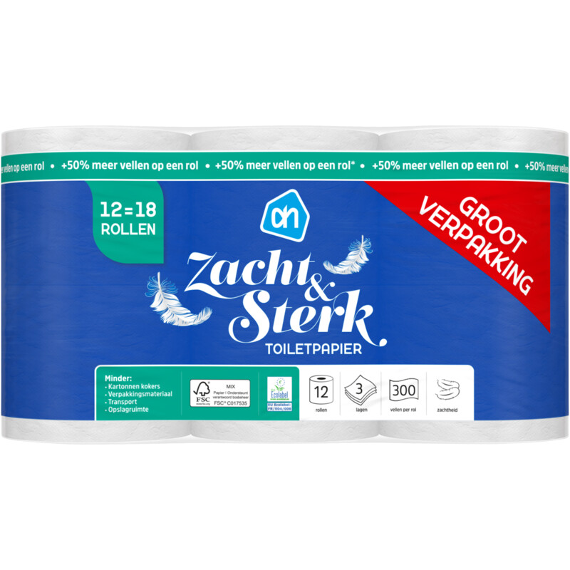 Een afbeelding van AH Toiletpapier 3-laags 12=18 rollen