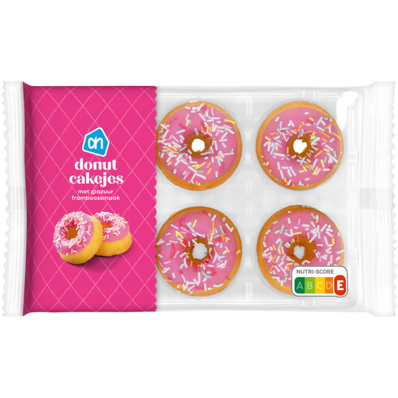 Een afbeelding van AH Donut cakejes met glazuur framboossmaak