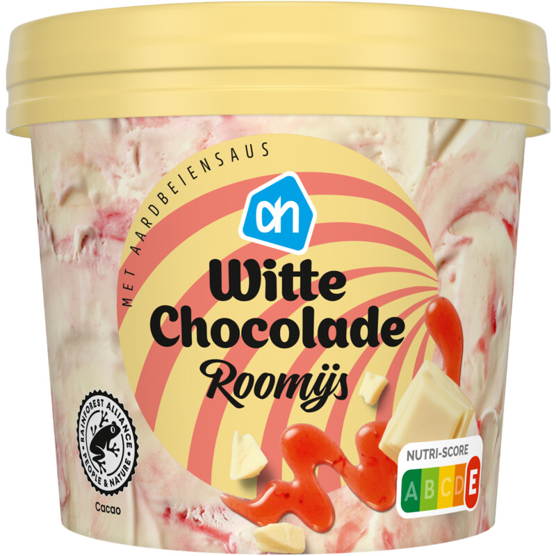 Een afbeelding van AH Witte chocolade roomijs aardbeiensaus