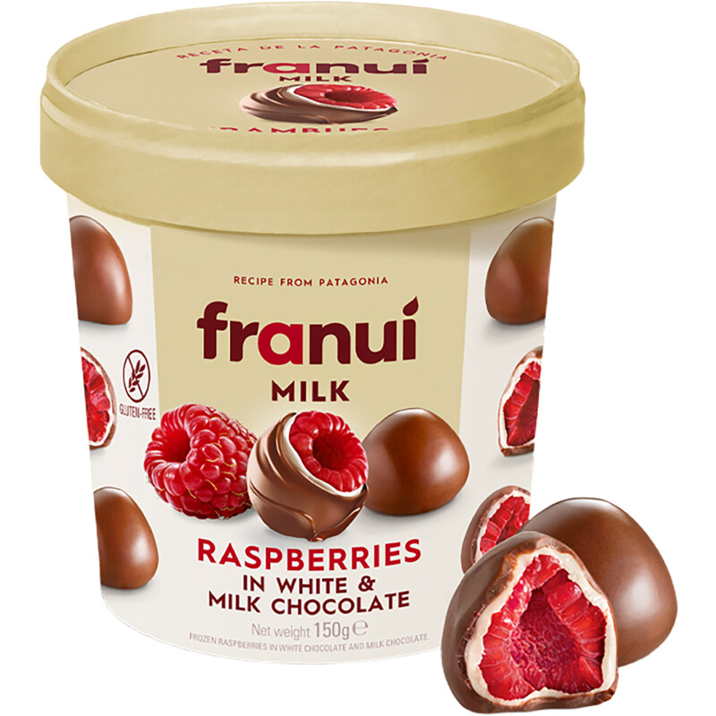 Een afbeelding van Franui Raspberries in white & milk chocolate