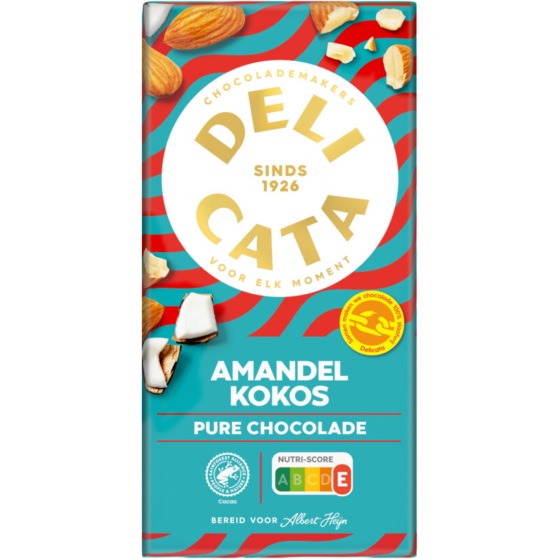 Een afbeelding van Delicata Reep pure chocolade amandel kokos