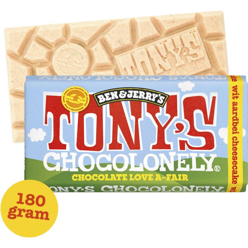 Een afbeelding van Tony's Chocolonely Reep B&J wit aardbei cheesecake