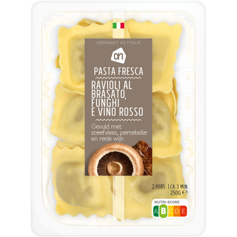Een afbeelding van AH Ravioli brasato, funghi e vino rosso