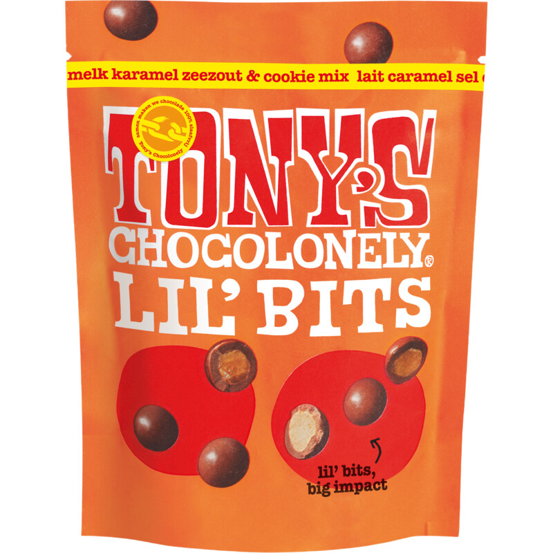 Een afbeelding van Tony's Chocolonely Lil' bits melk karamel zeezout biscuit