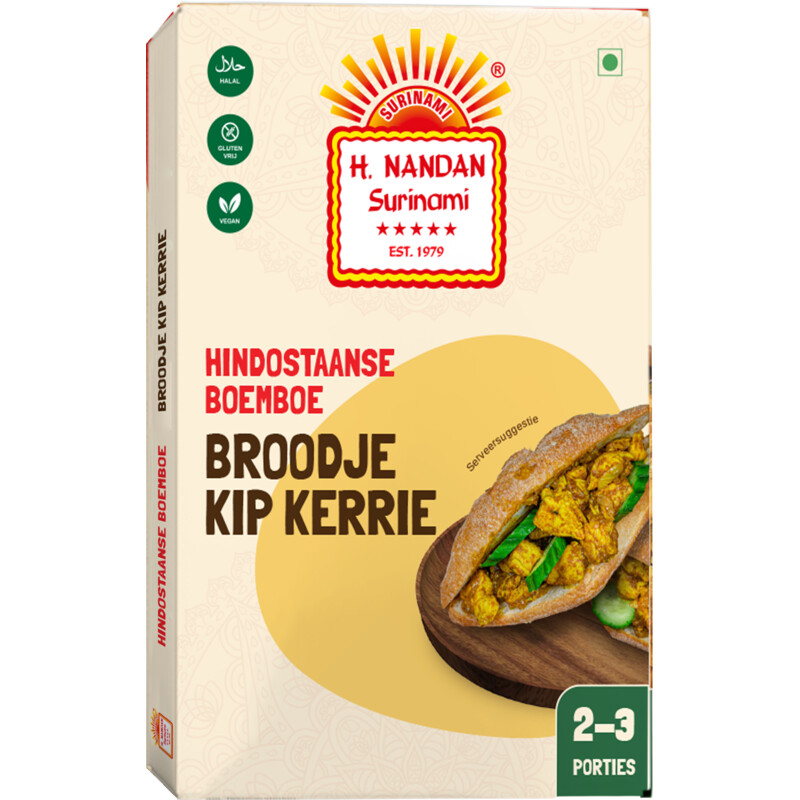 Een afbeelding van H. Nandan Hindostaanse boemboe broodje kip kerrie